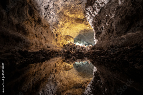 Optical illusion - water reflection in Cueva de los Verdes  an amazing lava tube and tourist attraction on Lanzarote island  Spain