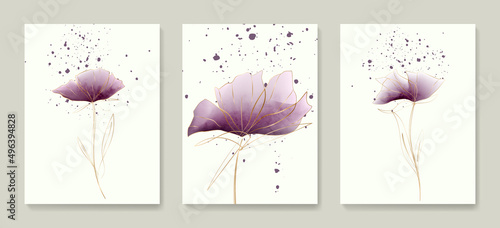 Floral watercolor background in art line style with golden elements. Botanical poster set for interior design, invitation, print, decor