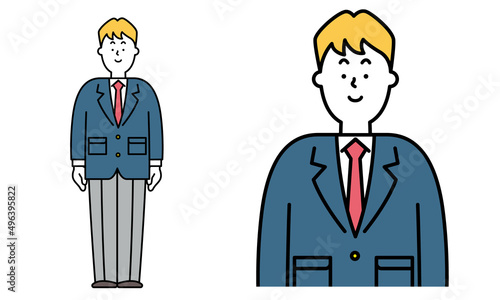 普通に立っている制服を着た男子高校生の全身イラスト素材。