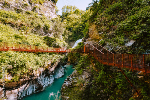 Bellano gorge (Orrido di Bellano) with walkways for tourists photo