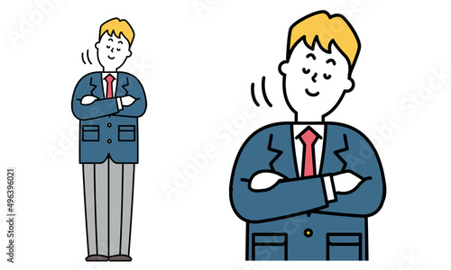 腕組みしてうなずく制服を着た男子高校生の全身イラスト素材。