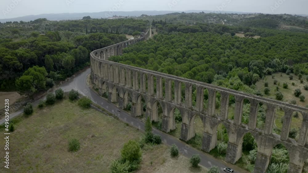 Tomar aqueduct of Pegoes Convent of Christ drone aerial view, in Portugal Tomar aqueduct of Pegoes Convent of Christ drone aerial view, in Portugal