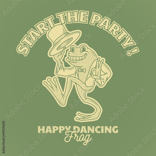 Retro emblem of cartoon happy dancing frog