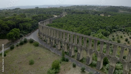 Tomar aqueduct of Pegoes Convent of Christ drone aerial view, in Portugal photo