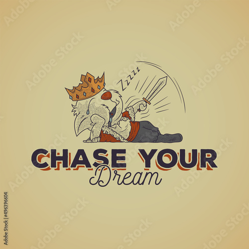 Retro emblem of cartoon sleepy king cat