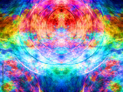 Imagen de arte psicodélico digital compuesto de líneas onduladas en espejo rodeadas de manchas coloridas difuminadas en un conjunto que se asemeja a la emisión de frecuencias luminosas simétricas.