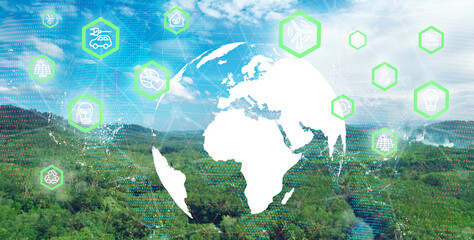 Environmental technology concept.EV car and wind farm icon with Globe and Nature power technology.Sustainable development goals. SDGs.ecology.Green energy.World earth day.Save forest and water.ESG