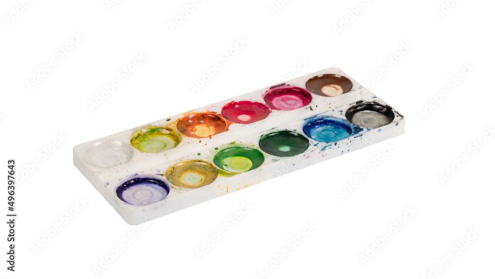 old color palette. ran out of paint. paint palette on white background old color palette. ran out of paint. paint palette on white background