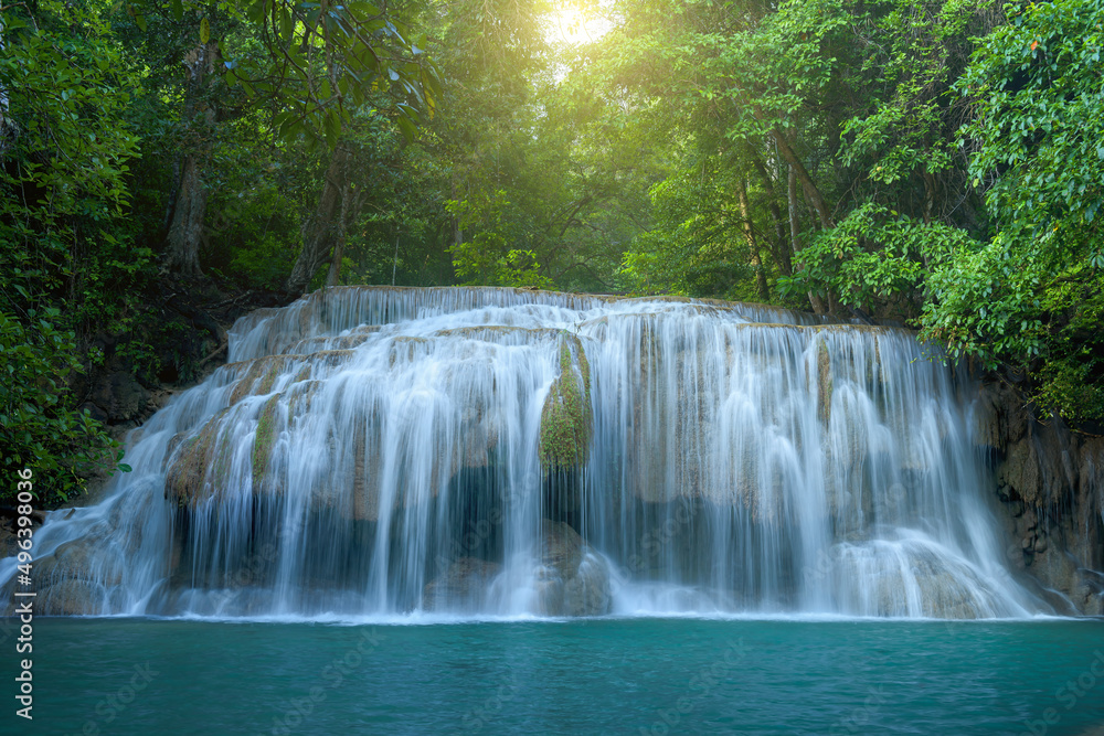 Beautiful Erawan waterfall in deep forest at Kanchanaburi province, Thailand.