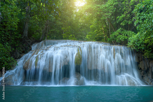 Beautiful Erawan waterfall in deep forest at Kanchanaburi province  Thailand.