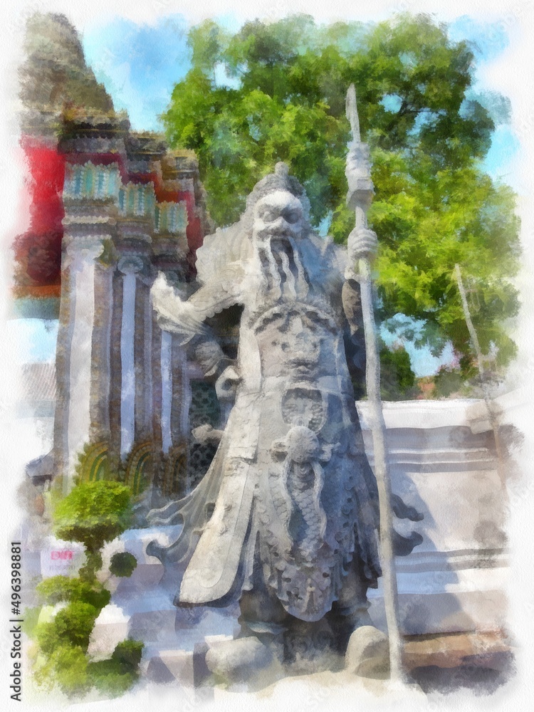Obraz premium Landscape of Wat Pho in Bangkok Thailand watercolor style illustration impressionist painting.