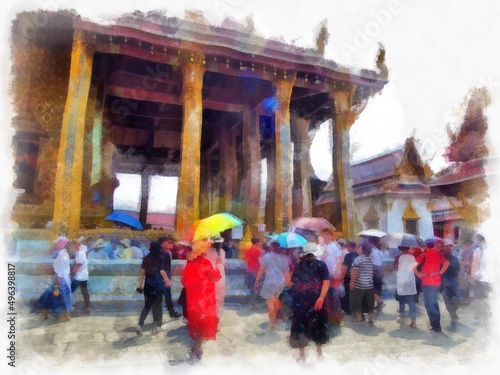 The landscape of the Grand Palace in Bangkok watercolor style illustration impressionist painting. © Kittipong
