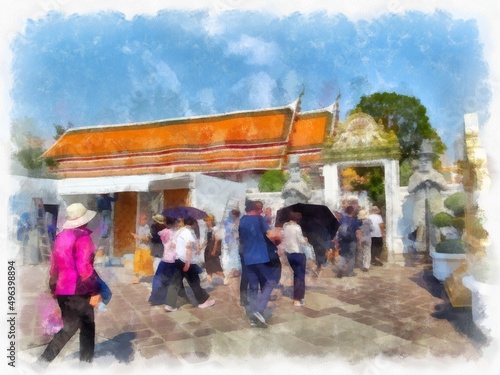 Landscape of Wat Pho in Bangkok Thailand watercolor style illustration impressionist painting. © Kittipong