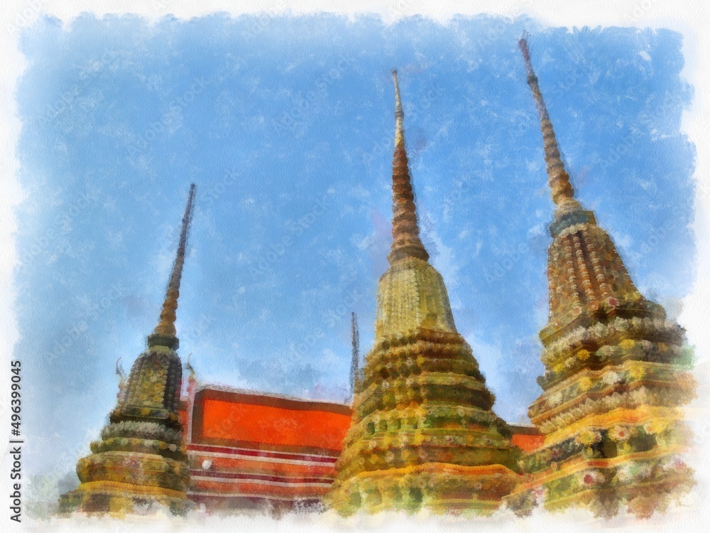 Fototapeta premium Landscape of Wat Pho in Bangkok Thailand watercolor style illustration impressionist painting.