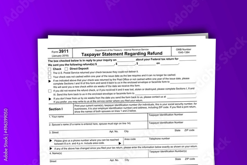 Form 3911 documentation published IRS USA 05.13.2020. American tax document on colored