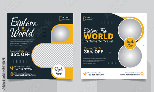Travel tour social media post or holiday vacation square web banner template