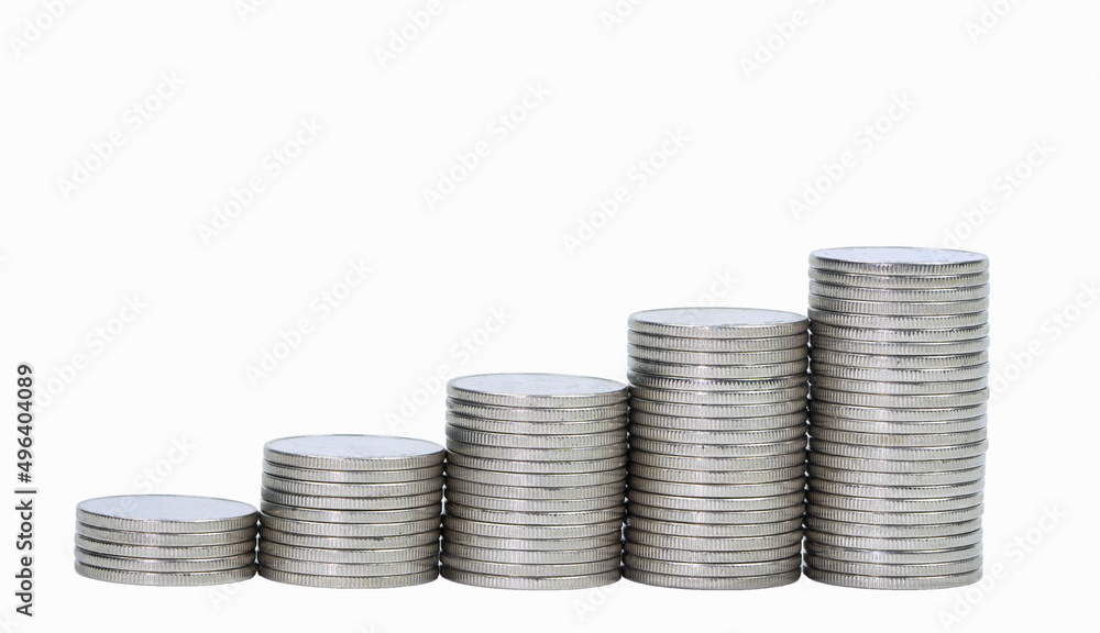 stack money coin saving from growing of business on white background stack money coin saving from growing of business on white background