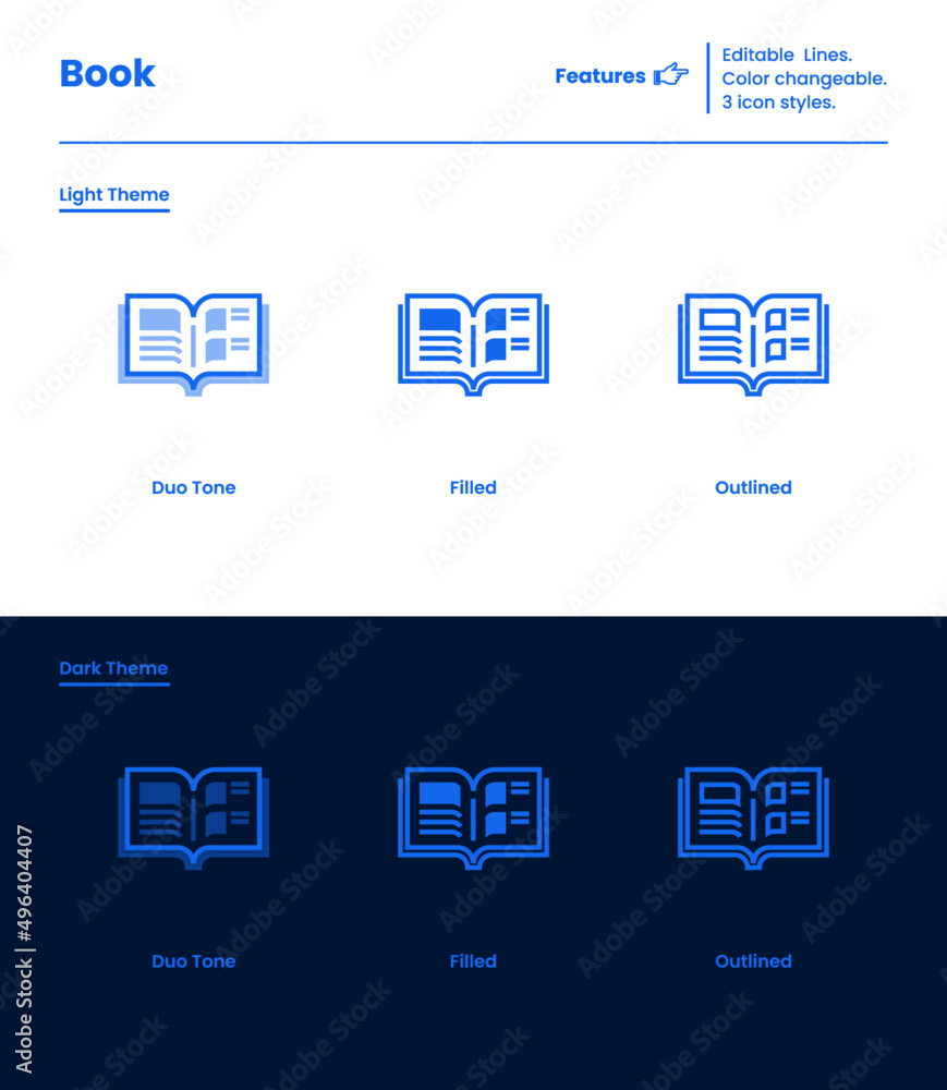 Fototapeta premium Open Book Icon. Magazine. Editable Lines/Stroke and Color changeable, 3 icon styles. Duo Tone, Filled, Outlined, Dark Theme, Light Theme.