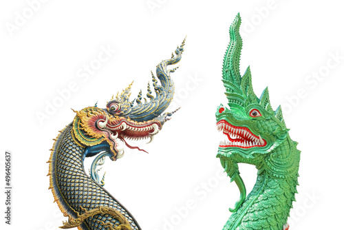 Naga golden or golden dragon head with big teeth pattern in buddhist temple in Thailand ,isolated on white with clipping path