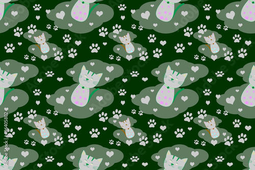 Seamless cute cat pattern,cartoon style light gray kitten,for fabric,printing,cat wallpaper on green background.