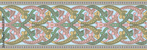 Vector colored seamless arabic ornament. Pink endless arabesque, border.
