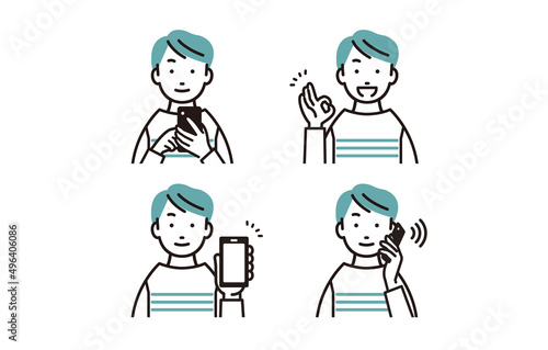 スマホを持った小学生の男の子セット