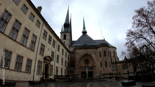 DOLLY SHOT - Cathedral Notre-Dame de Luxembourg. The Cathedral of the Blessed Virgin was originally a Jesuit church, the foundation stone of which was laid in 1613. photo