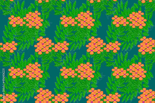 Orange floral pattern with seamless green leaves, bouquet pattern, bright colors, cyan background drawing, for fabric and product prints.