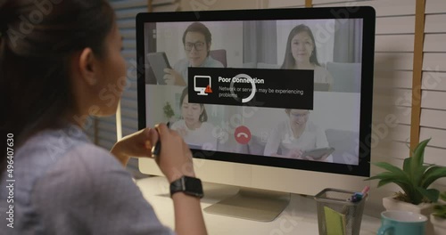 Asia people young woman stress angry bored upset in wifi cut out worry work at home issue video call talk with unreliable low poor loss signal speed or error fail load buffer bad slow internet outage.