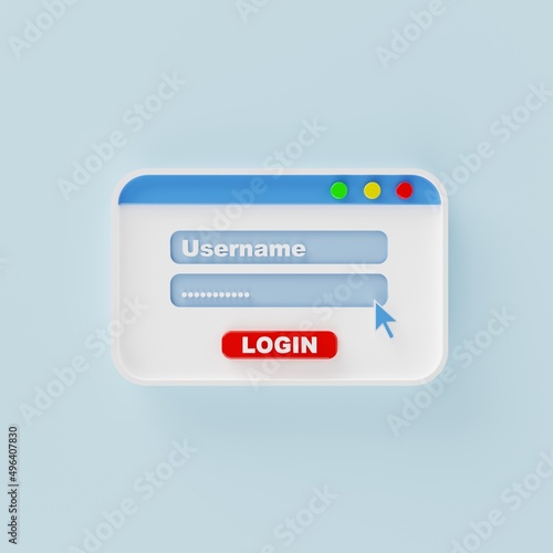 Login Username and password user interface pop-up window on blue background. Computer operating system internet browser and social network concept. 3D illustration rendering