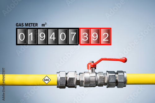 Gas meter and pipeline system on grey background. Supply of natural gas concept.