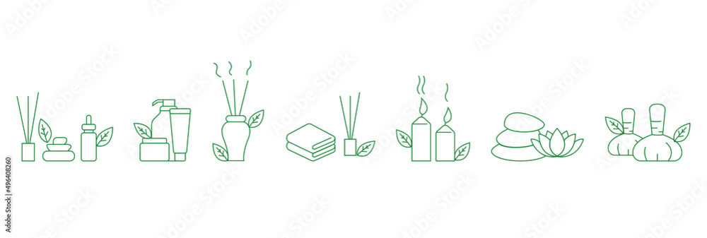 Fototapeta premium Spa and wellness treatments Flat Icon set, thin and linear designs. Simple isolated concept illustration. incense sticks, cosmetic cream, candles, spa stones