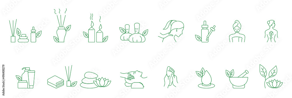 Spa and wellness treatments Flat Icon set, thin and linear designs. 
Simple isolated concept illustration. 
incense sticks, cosmetic cream, head massage, foot massage, herbs, candles, essential oil