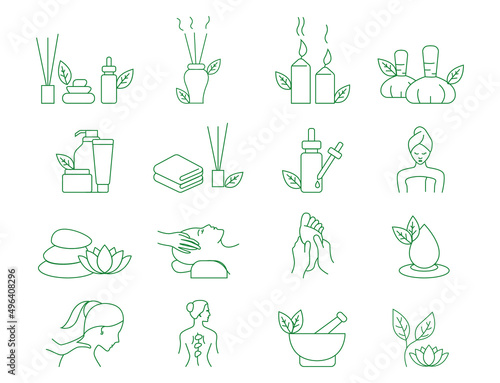 Spa and wellness treatments Flat Icon set, thin and linear designs. 
Simple isolated concept illustration. 
incense sticks, cosmetic cream, head massage, foot massage, herbs, candles, essential oil