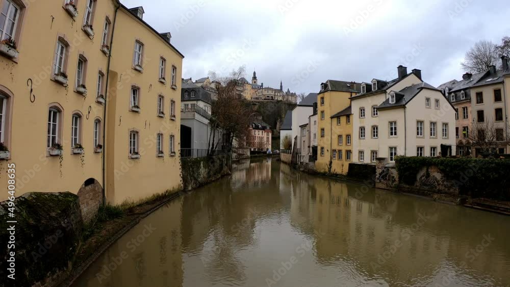 Luxembourg, December 4, 2021: SLOW Grund district is one of Luxembourg City's oldest neighborhoods. Grund is the lower fortified area of Luxembourg city, located on the banks of the River Alzette. Luxembourg, December 4, 2021: SLOW Grund district is one of Luxembourg City's oldest neighborhoods. Grund is the lower fortified area of Luxembourg city, located on the banks of the River Alzette.