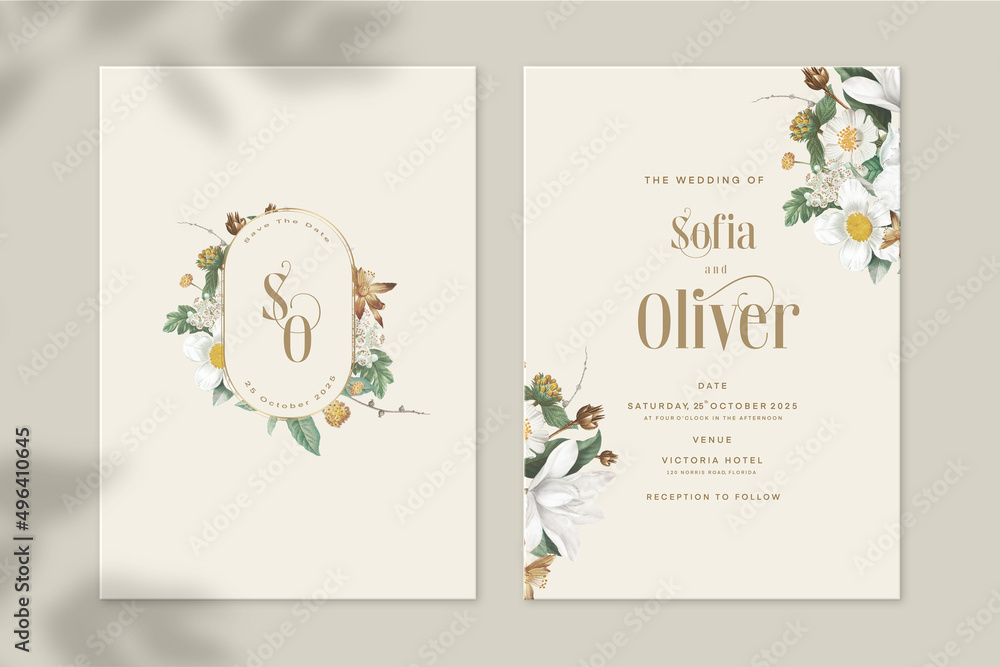Vintage Wedding Invitation and Save the Date with Bouquet