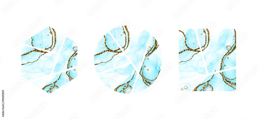 Fototapeta premium Abstract watercolor compositions. Background posters. Watercolor illustration with golden elements. Marble modern print. Wall art. Alcohol ink