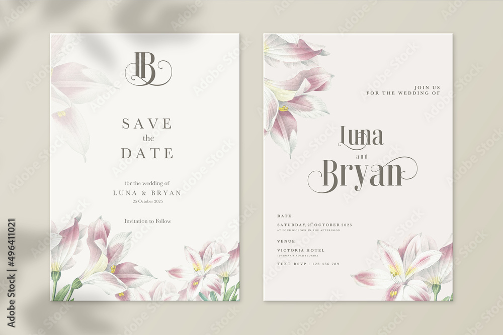 Floral Wedding Invitation and Save the Date with Pink Flower