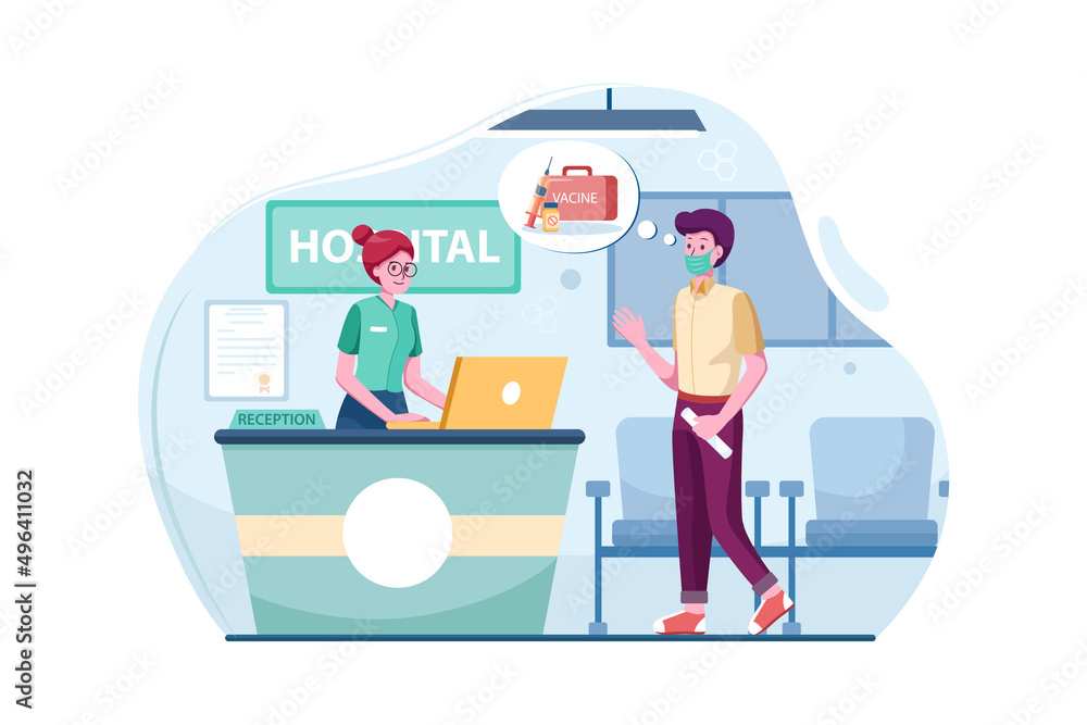 Man with face mask getting vaccinated Illustration concept. Flat illustration isolated on white background.