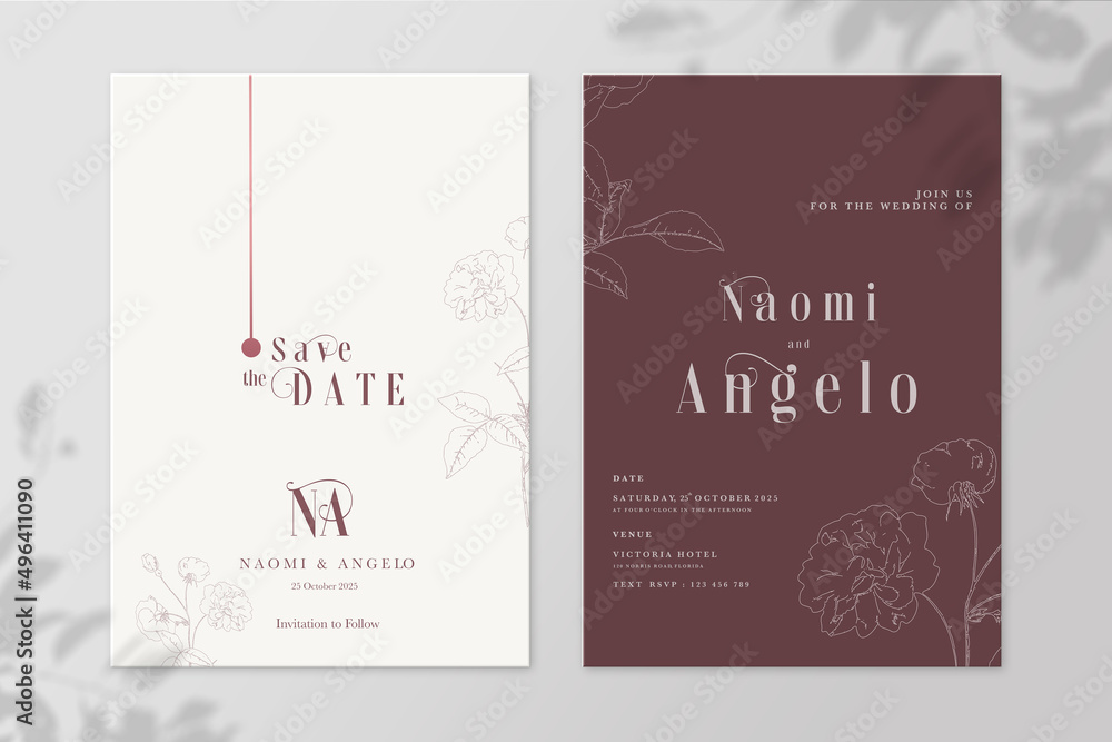 Minimalist Wedding Invitation and Save the Date with Maroon Background