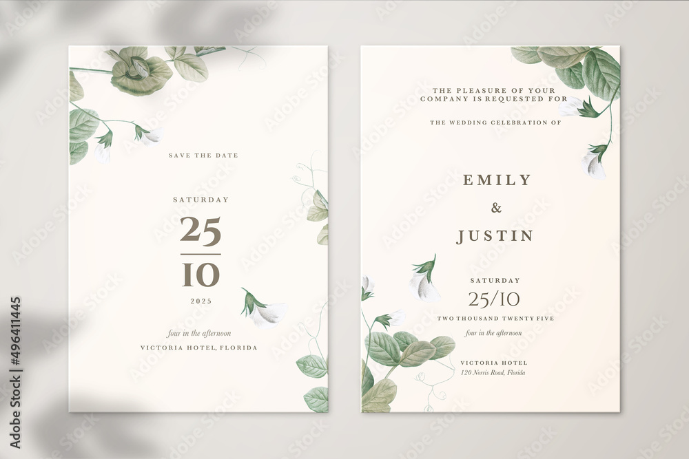 Vintage Wedding Invitation and Save the Date with Foliage