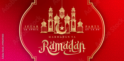 Iftar Party illustration of Marhaban ya ramadan, applicable for website banner, header webs, landing page, business sign, label packaging product, ads campaign, advertising agency, billboard display
