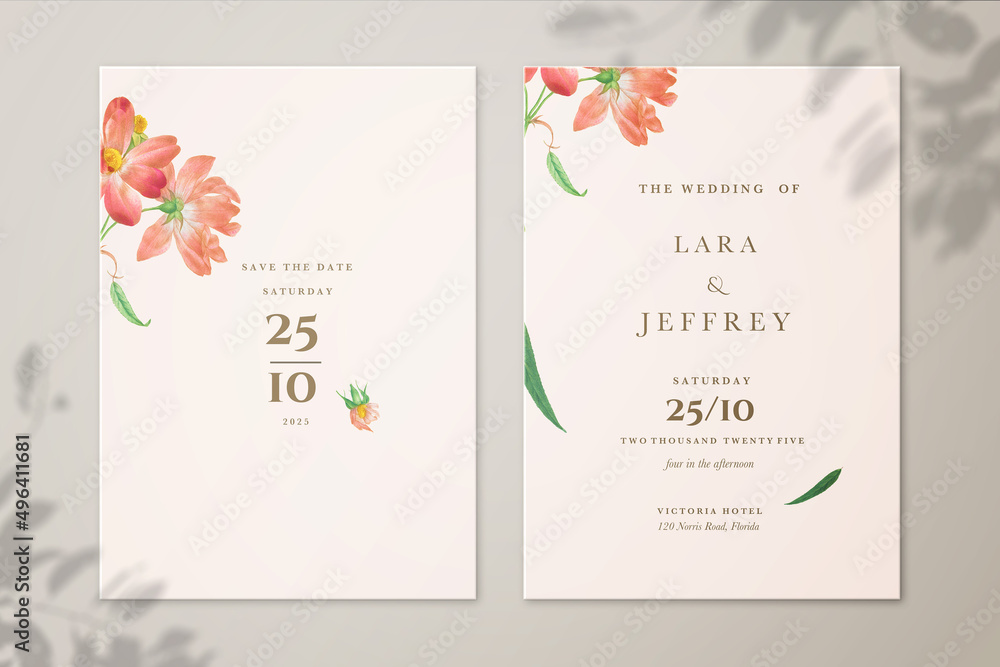 Vintage Wedding Invitation and Save the Date with Orange Flower