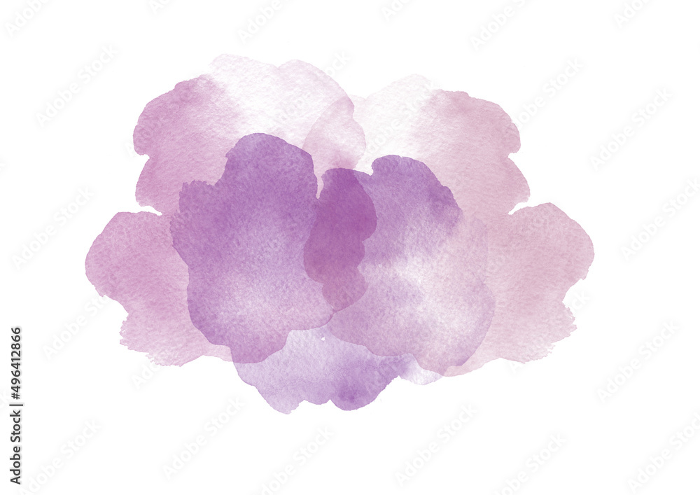 Watercolor purple abstract Blots on white background. Colorful gradient Blobs, mottled blurred watercolor splashes. Group purple clouds