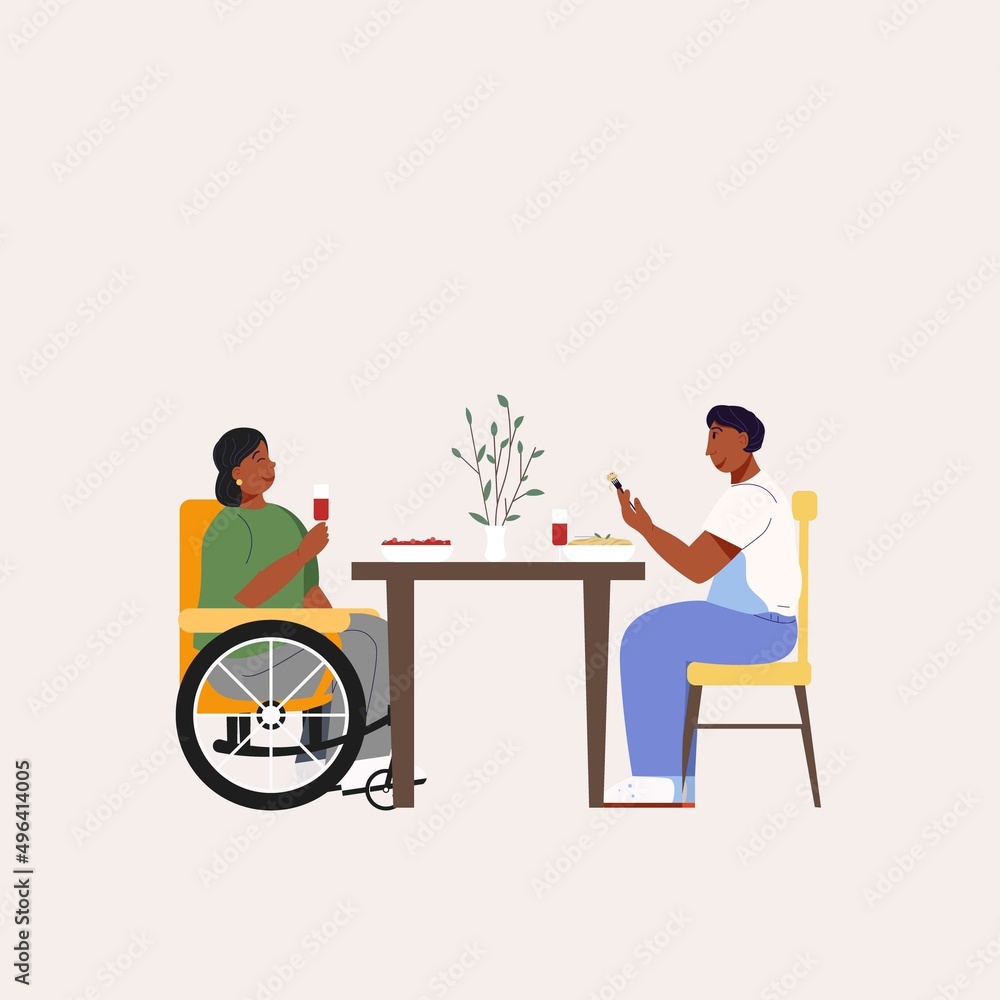 african american woman using a wheelchair. A man and a woman are having dinner. The couple laughs and drinks wine from glasses. Cheerful conversation. Dining room interior. Illustration. african american woman using a wheelchair. A man and a woman are having dinner. The couple laughs and drinks wine from glasses. Cheerful conversation. Dining room interior. Illustration.