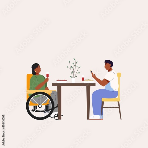 african american woman using a wheelchair. A man and a woman are having dinner. The couple laughs and drinks wine from glasses. Cheerful conversation. Dining room interior. Illustration.