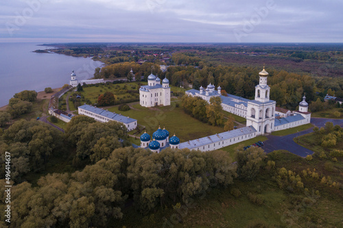 View of the ancient orthodox St. Yuriev Monastery on a cloudy September morning (aerial view). Veliky Novgorod, Russia