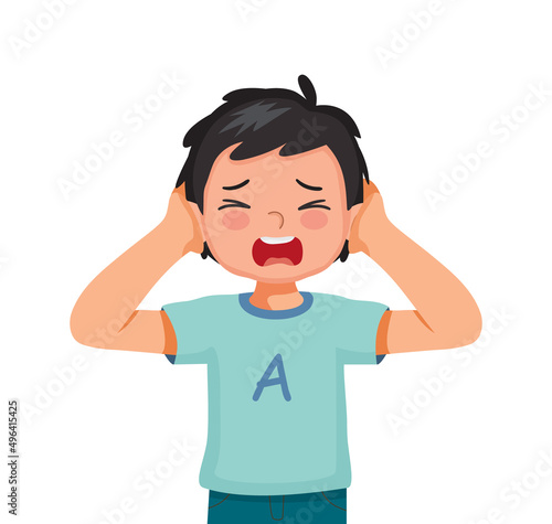 cute little boy not listening covering and shut his ears from noisy loud sound showing angry facial expression