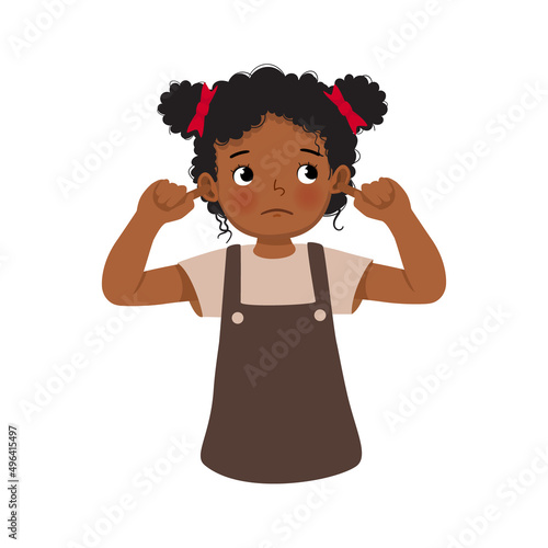 Cute little African girl not listening plugging and covering her ears with fingers from noisy loud sound showing annoyed facial expression