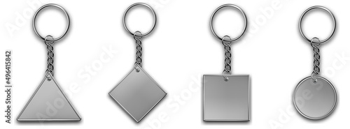 Leather different shapes keychain, trinket keyring mockup. Keyholder and breloque illustration. Keyring holders isolated on white background. Blank accessory.